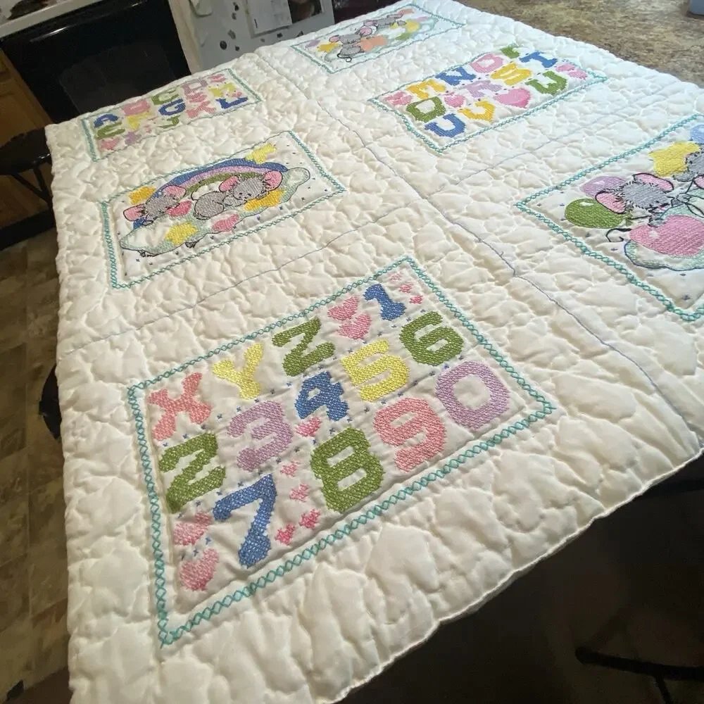 Vintage 1970s Crib Baby Coverlet Embroidery Needlepoint Novelty Quilted Blanket